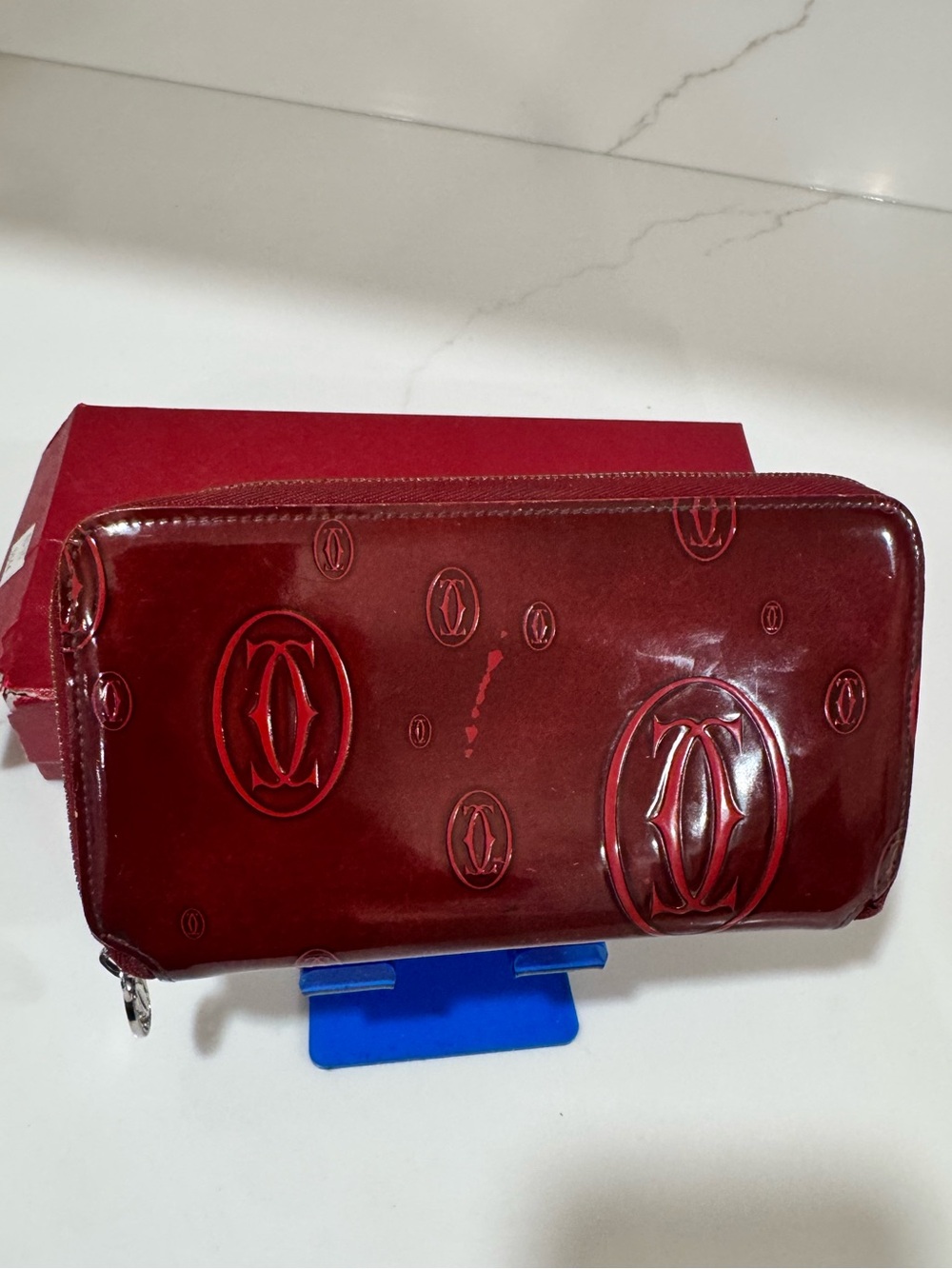 Cartier Happy Birthday Zippy Long Wallet Burgundy Patent + Red Cartier Box
